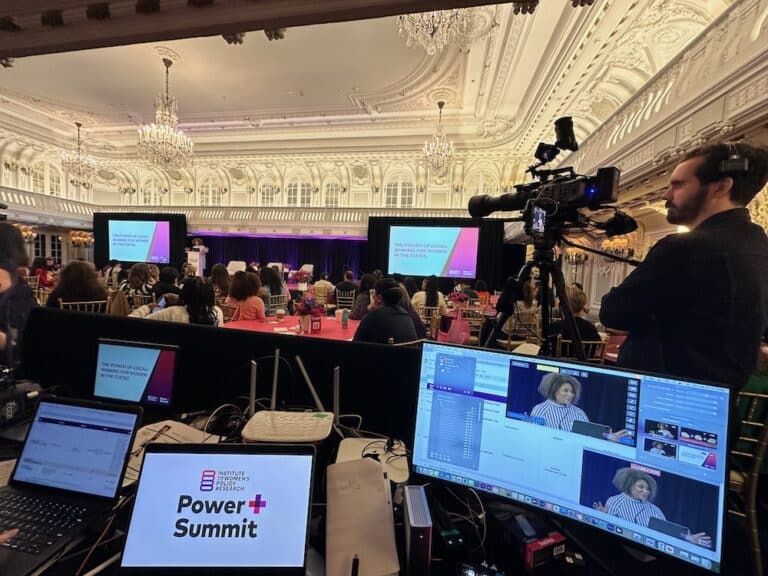 Mongoose AV providing live streaming and event production for the IWPR Power+ Summit in Chicago with multi-camera setup and projection screens