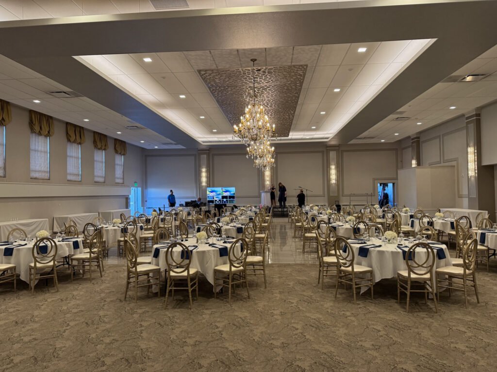 Banquet hall setup at Pelister Park The Venue in Dearborn, Michigan with event production and AV support by Mongoose AV